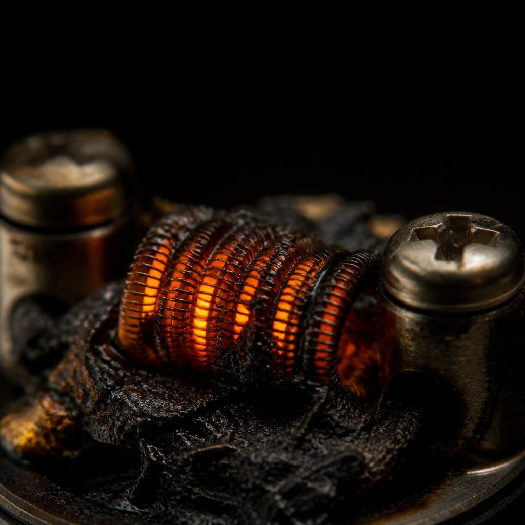 Macro photograph of a glowing heating coil caked in dark carbonized residue